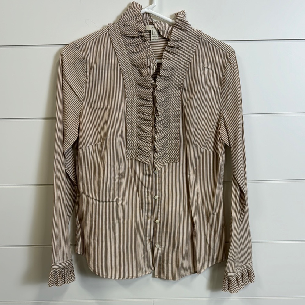 J. Crew Brown and White Ruffled Long Sleeve Blouse